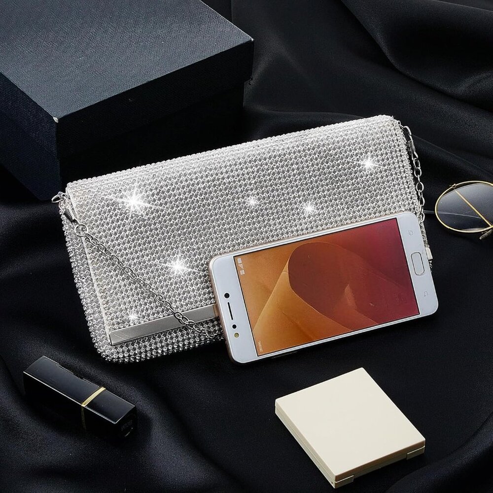⚡ Women's Glitter Pearls Evening Rhinestone Detachable Chain Clutch Bag